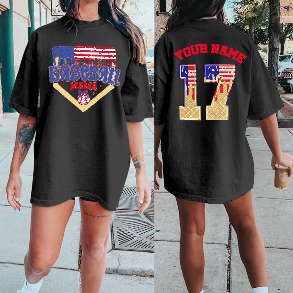 Personalized Baseball Mom Red White Blue Drip Patriotic Baseball Mama T-shirt