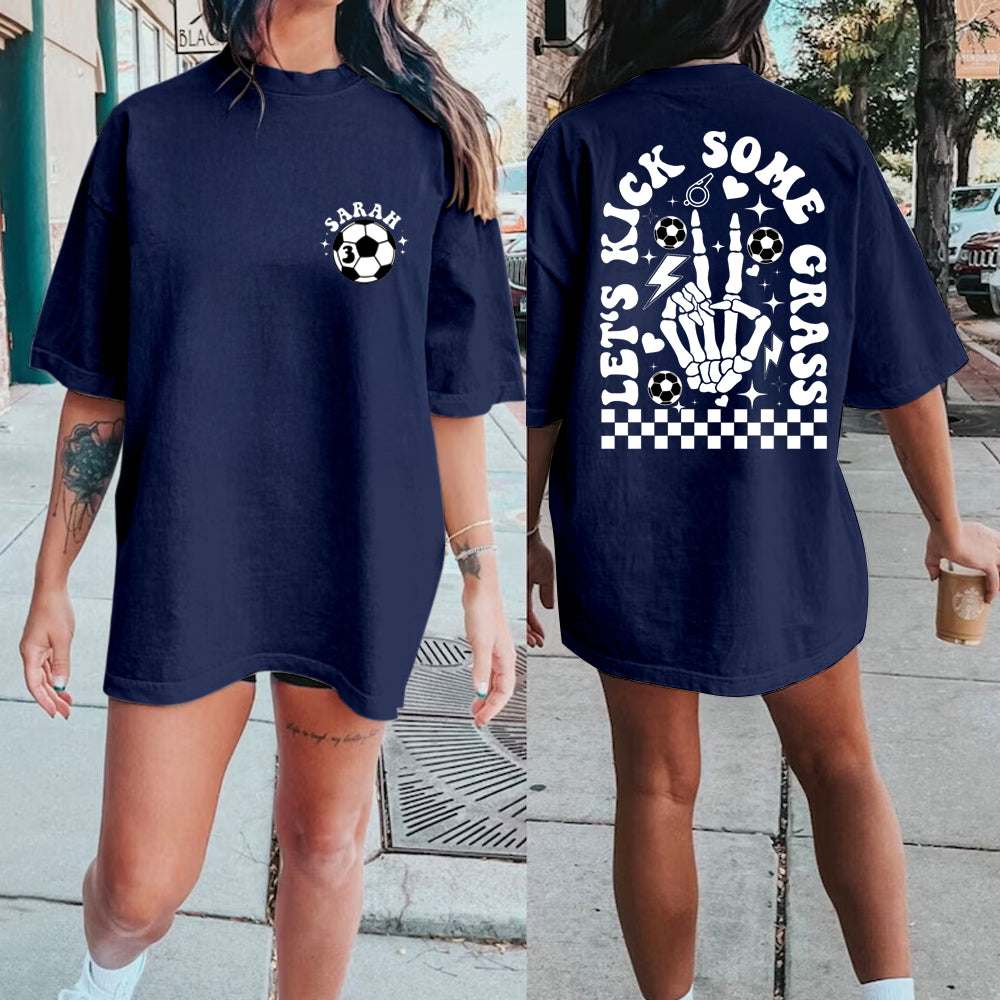 Custom Soccer Mom Shirt, Game Day Soccer Shirt for Mom, Personalized Soccer Grandma Lets Go Kick Some Gras Sweatshirt