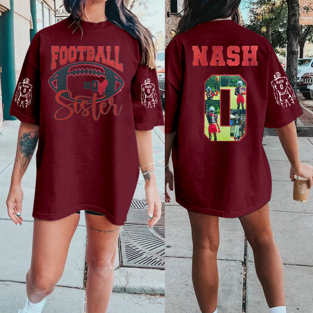 Custom Football Sister Pohto Shirt | School Spirit Tee | Glitter Vinyl Shirt | Football Mom Shirt