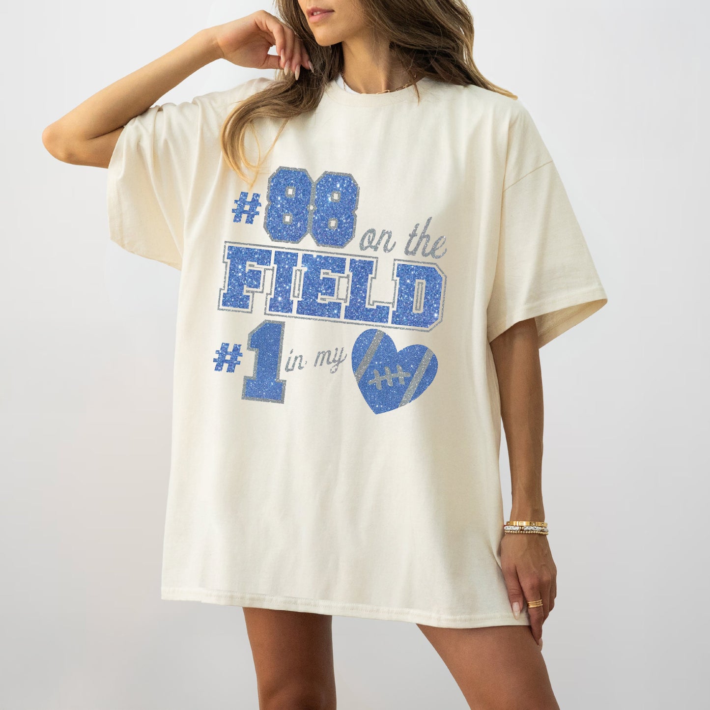 Glitter Football T-Shirt with Player Number, Custom Football Shirts for Mom, Football Girlfriend T-Shirt