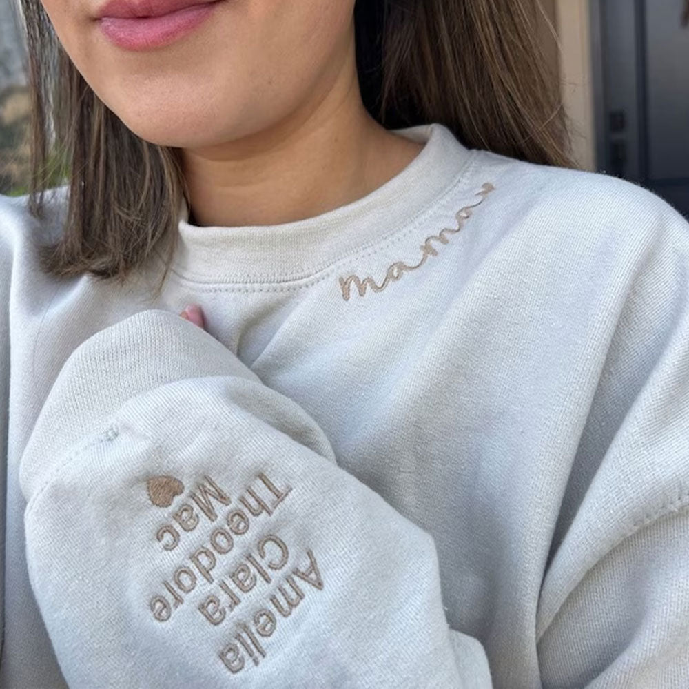 Custom Mama Embroidered Sweatshirt with Kids Names sleeve Personalized Mother's Day Gift