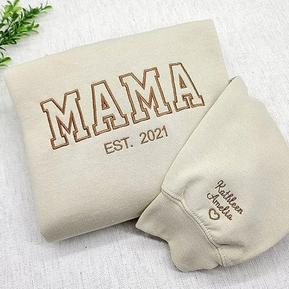 Custom Embroidered Sweatshirt for Mom, Personalized Sleeve Embroidered Sweatshirt, Mama EST Crewneck, Custom Gift for Mom, New Mom Pullover