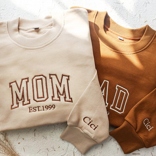 Custom Embroidered Sweatshirt for Mom, Personalized Sleeve Embroidered Sweatshirt, Mama EST Crewneck, Custom Gift for Mom, New Mom Pullover