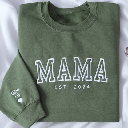 Custom Embroidered Sweatshirt for Mom, Personalized Sleeve Embroidered Sweatshirt, Mama EST Crewneck, Custom Gift for Mom, New Mom Pullover