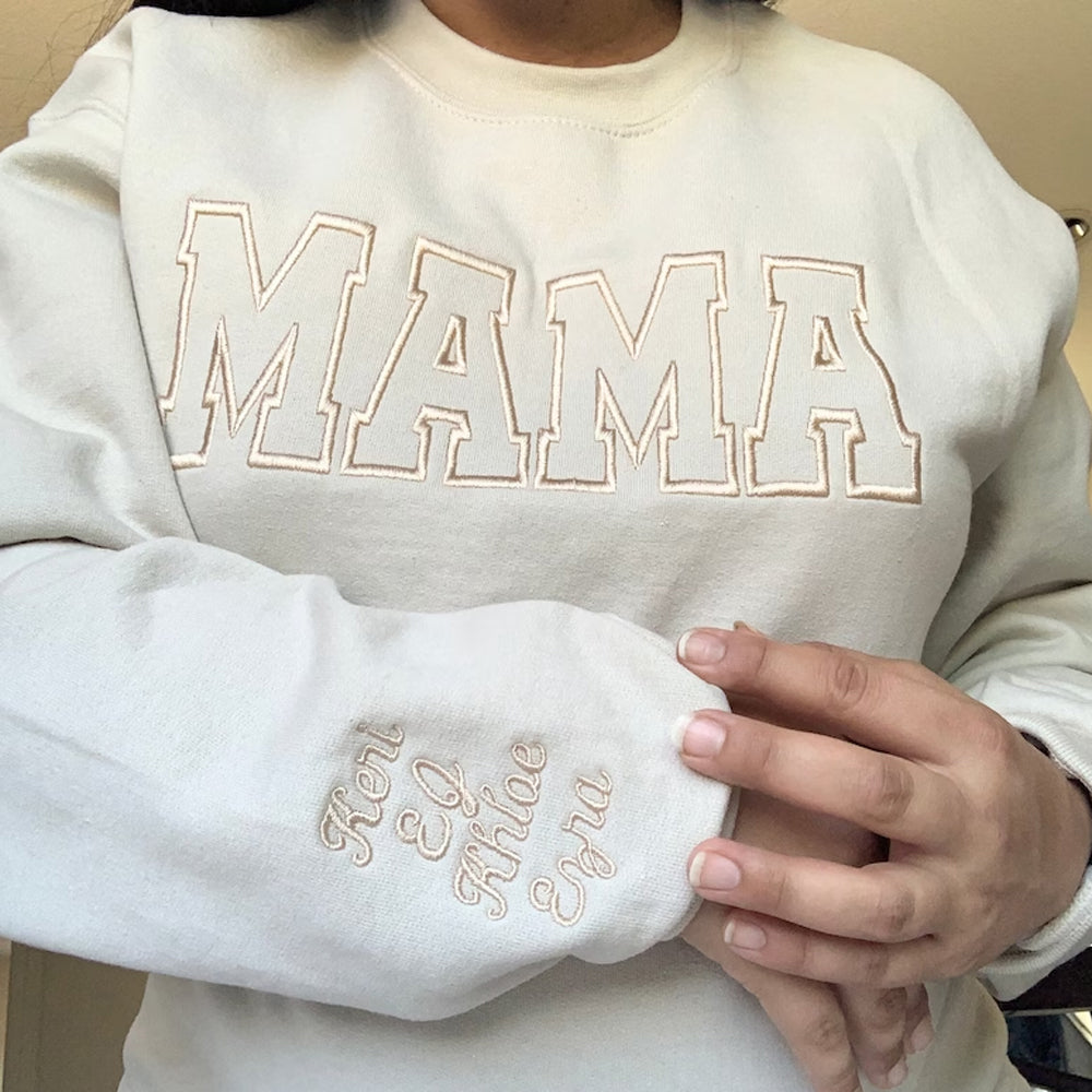 Custom Embroidered Sweatshirt for Mom, Personalized Sleeve Embroidered Sweatshirt, Mama EST Crewneck, Custom Gift for Mom, New Mom Pullover