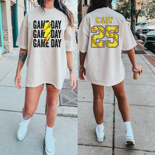 Custom Game Day Mom Baseball/Softball/Football Tee, Child Name & Number Game Season Shirt, Gameday Sports Mama Tee