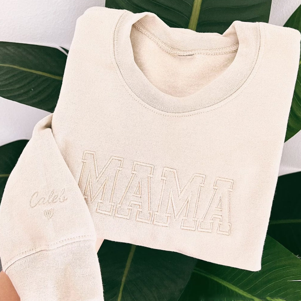 Custom Embroidered Sweatshirt for Mom, Personalized Sleeve Embroidered Sweatshirt, Mama EST Crewneck, Custom Gift for Mom, New Mom Pullover