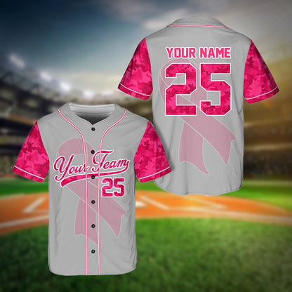 Personalized Baseball Jersey For Breast Cancer Month, Pink Ribbon Jersey, Breast Cancer Warrior Support Tee