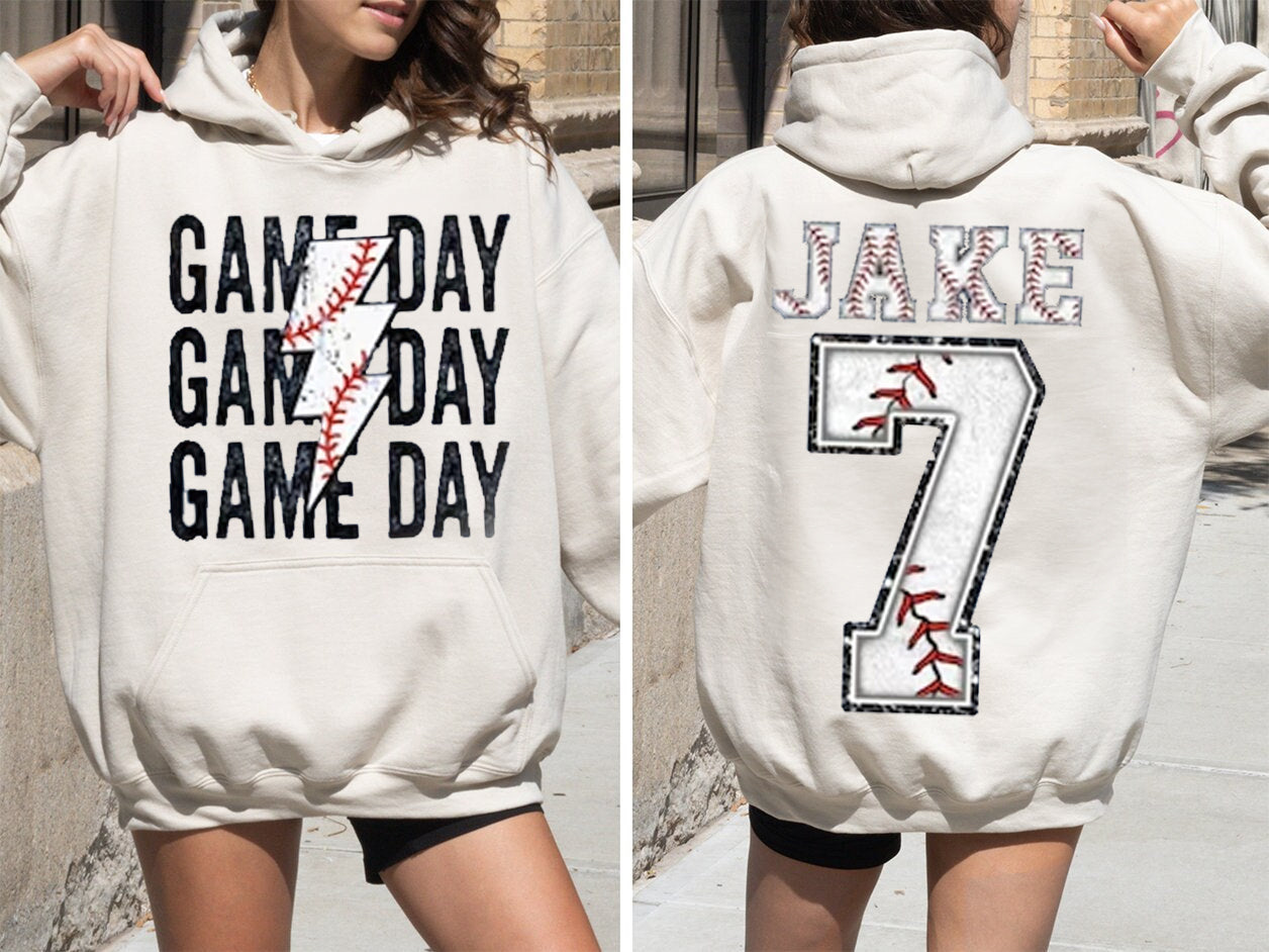 Custom Game Day Mom Baseball/Softball/Football Sweatshirt, Child Name & Number Game Season Shirt, Gameday Sports Mama Sweatshirt