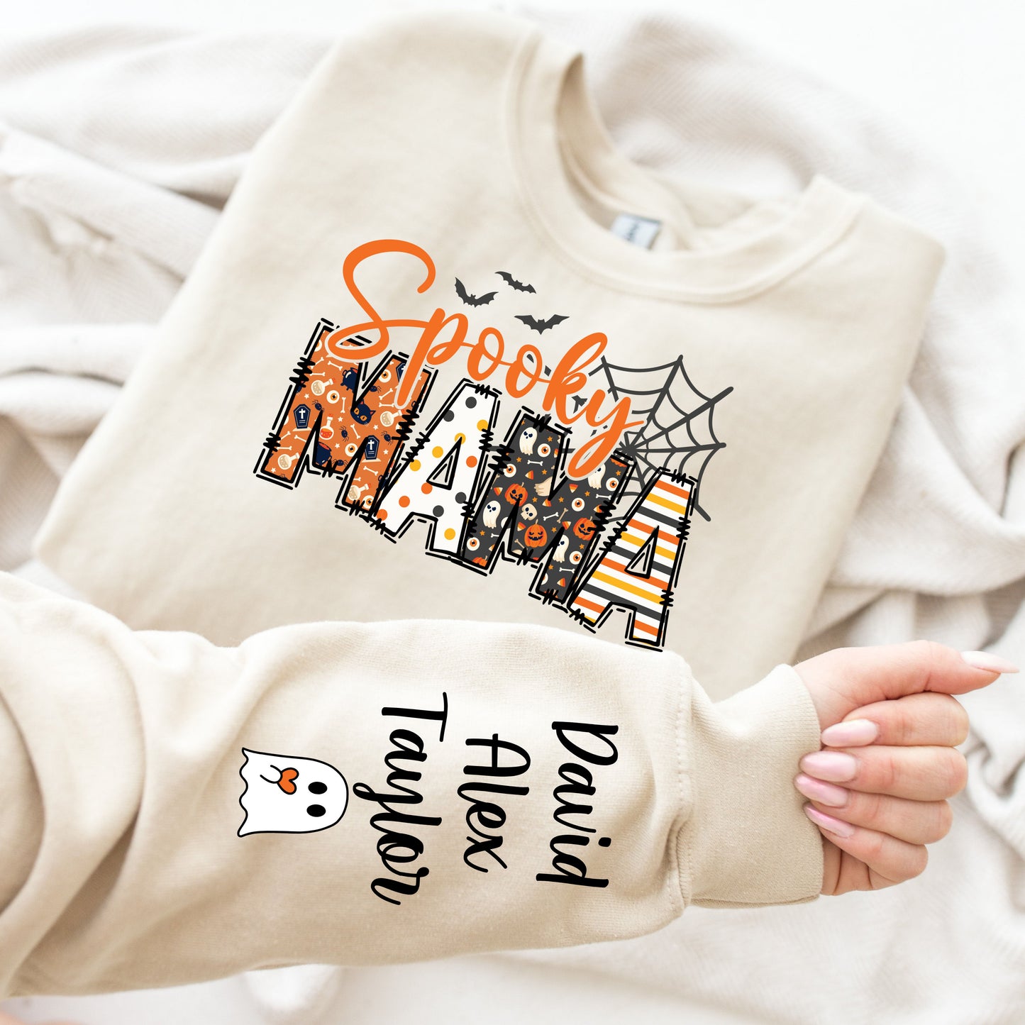 Custom Halloween Spooky Mama Sweatshirt with Kids Name on Sleeve Sweatshirt