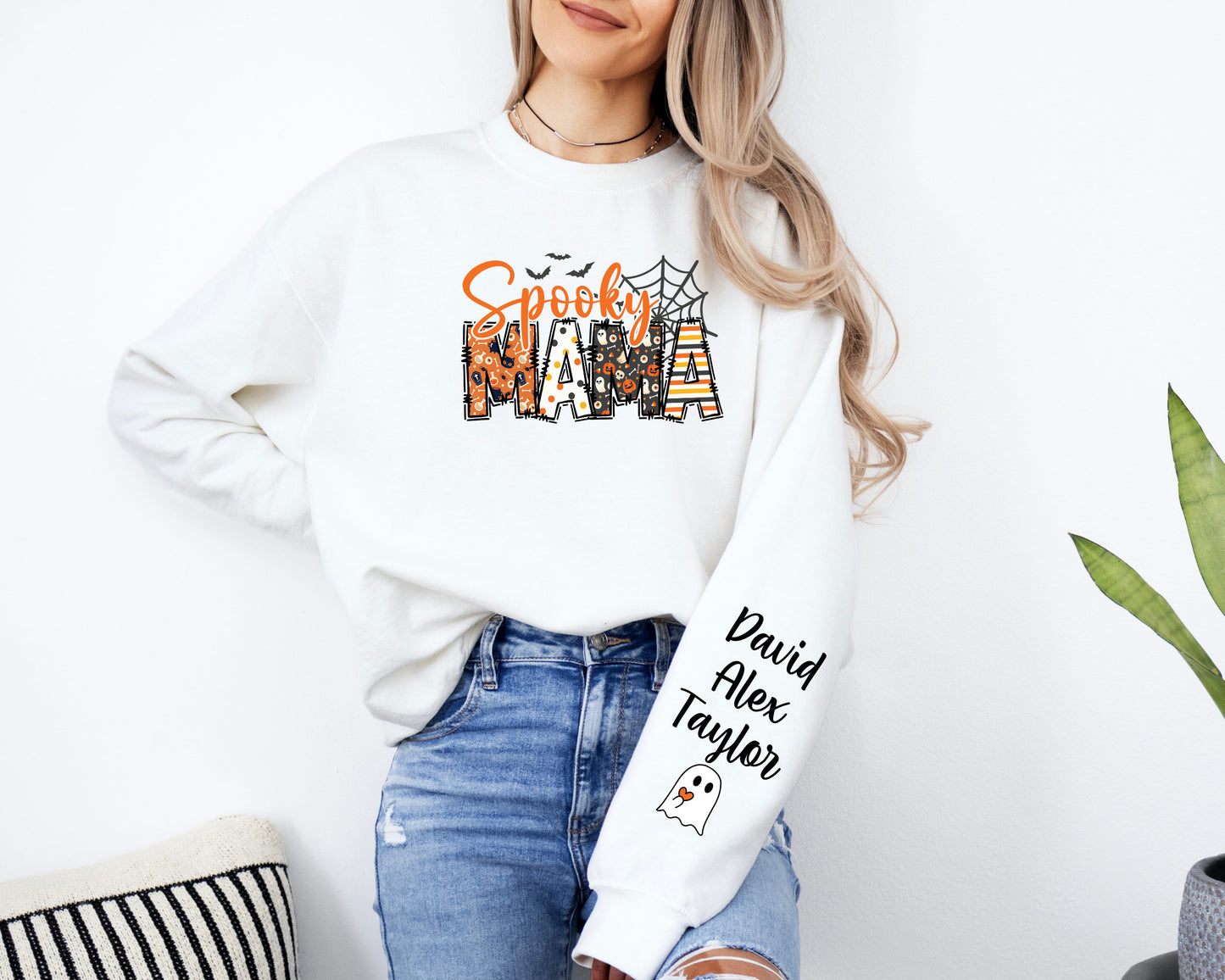 Custom Halloween Spooky Mama Sweatshirt with Kids Name on Sleeve Sweatshirt