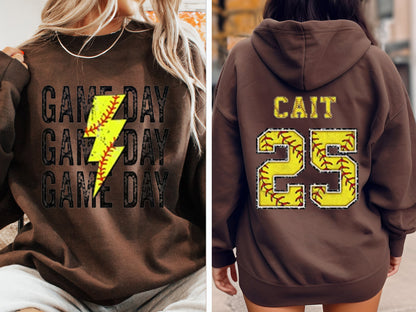 Custom Game Day Mom Baseball/Softball/Football Sweatshirt, Child Name & Number Game Season Shirt, Gameday Sports Mama Sweatshirt