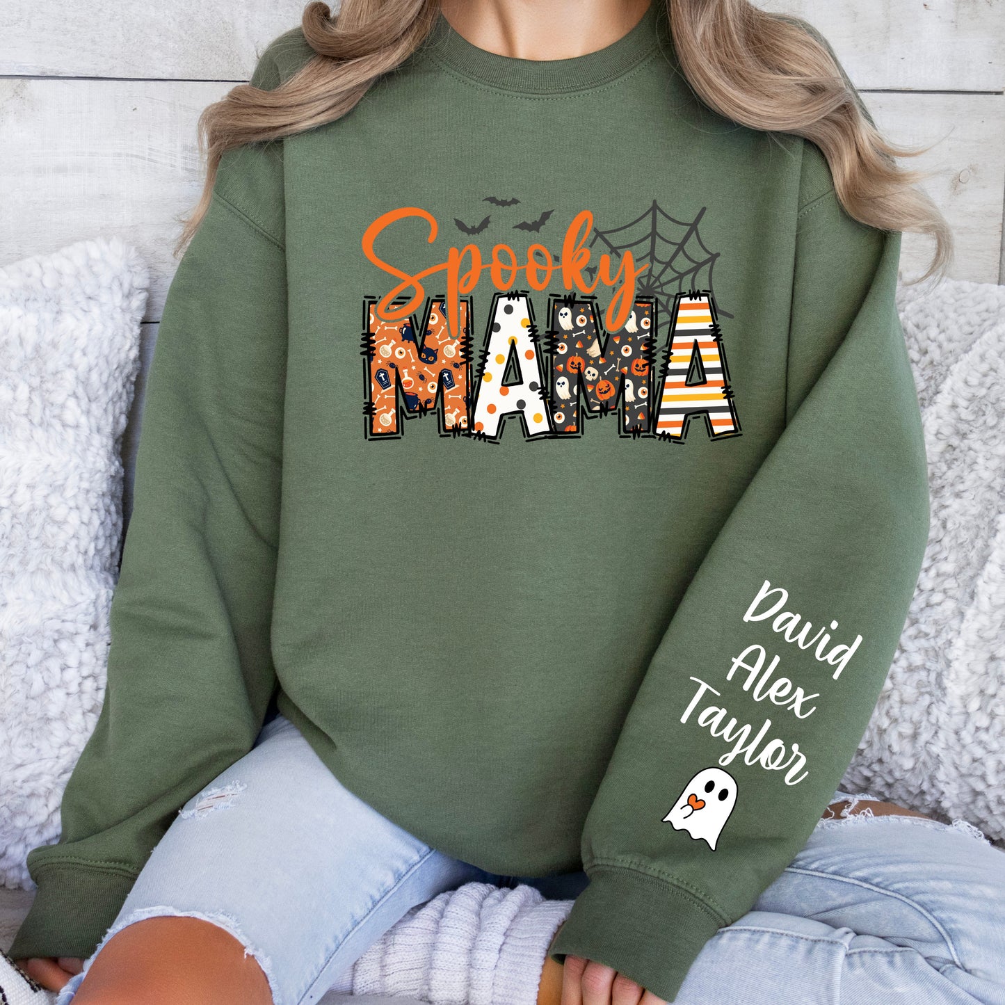 Custom Halloween Spooky Mama Sweatshirt with Kids Name on Sleeve Sweatshirt