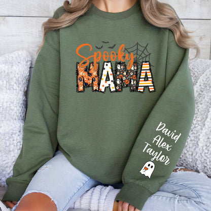 Custom Halloween Spooky Mama Sweatshirt with Kids Name on Sleeve Sweatshirt