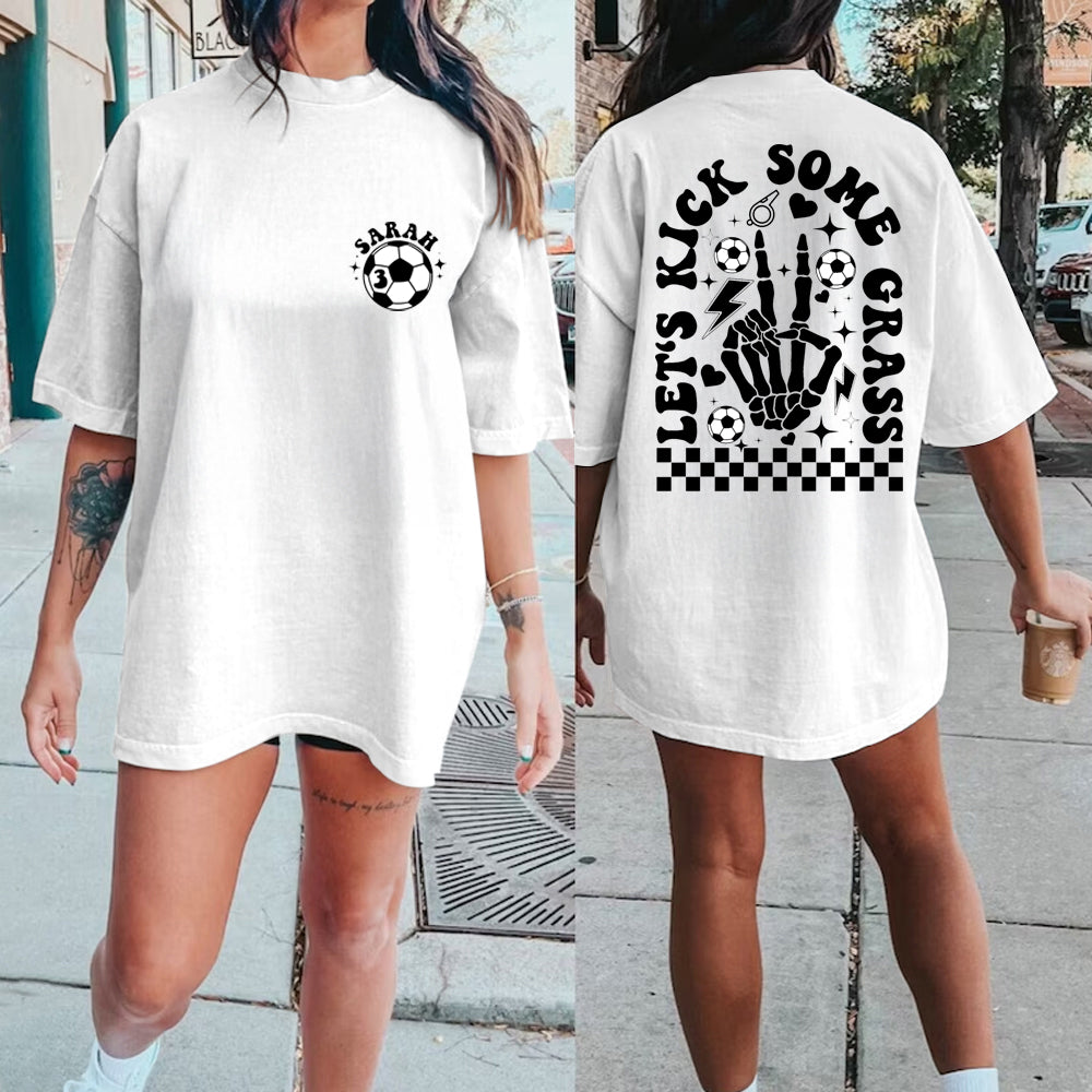 Custom Soccer Mom Shirt, Game Day Soccer Shirt for Mom, Personalized Soccer Grandma Lets Go Kick Some Gras Sweatshirt