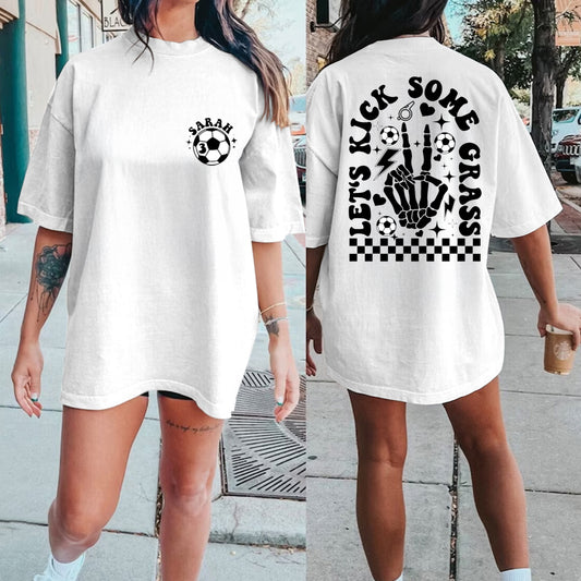 Custom Soccer Mom Shirt, Game Day Soccer Shirt for Mom, Personalized Soccer Grandma Lets Go Kick Some Gras Sweatshirt