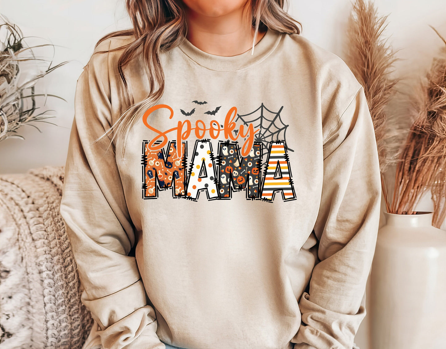 Custom Halloween Spooky Mama Sweatshirt with Kids Name on Sleeve Sweatshirt