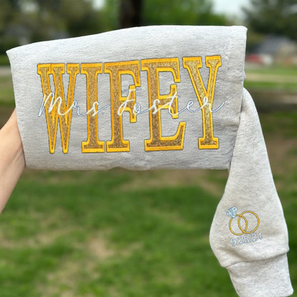 Personalize Embroidered Glitter Wifey Sweatshirt