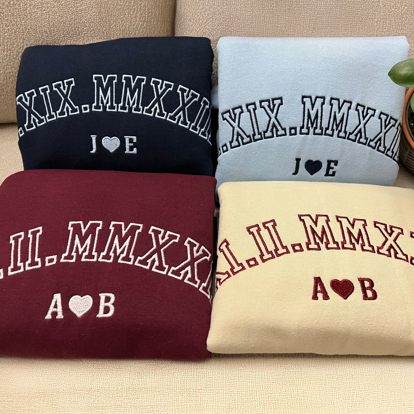 Custom Roman numeral embroidered matching sweatshirts for couples