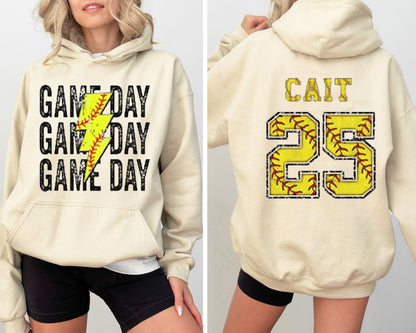 Custom Game Day Mom Baseball/Softball/Football Sweatshirt, Child Name & Number Game Season Shirt, Gameday Sports Mama Sweatshirt