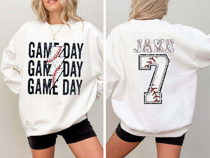 Custom Game Day Mom Baseball/Softball/Football Sweatshirt, Child Name & Number Game Season Shirt, Gameday Sports Mama Sweatshirt