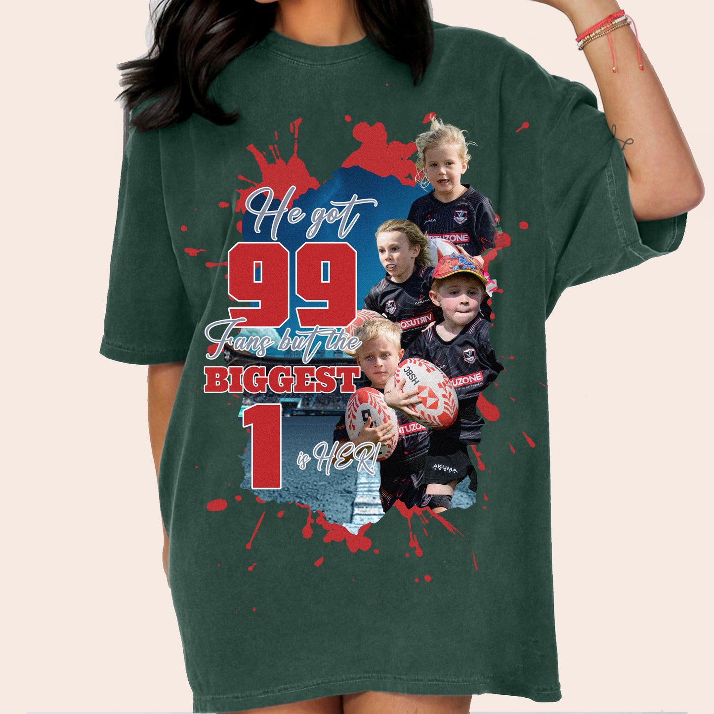 He got 99 fans but the biggest one is HER!Custom Baseball/Football/Softball/Soccer/photo shirt