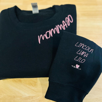 Custom Embroidered Mama Sweatshirt with Kids Name on Sleeve