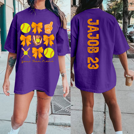 Comfort Colors Custom Coquette Softball Shirt Game Day Team Mom with Kid Name number T Shirt