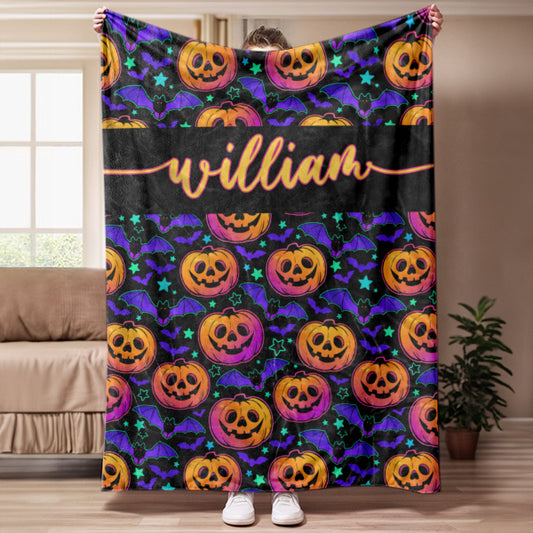 Personalized Halloween Baby Blanket, Baby Boy Pumpkin Bat Blanket, Custom Name Swaddle