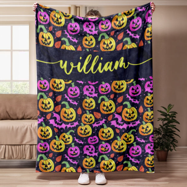 Personalized Halloween Baby Blanket, Baby Boy Pumpkin Bat Blanket