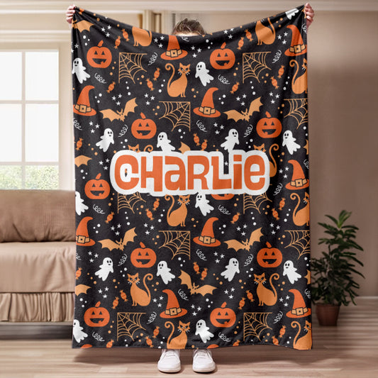 Personalized Halloween Blanket, Custom Name Kids Halloween Bedding