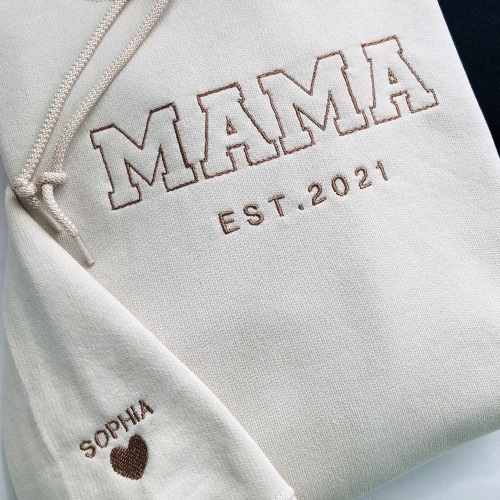 Custom Embroidered Sweatshirt for Mom, Personalized Sleeve Embroidered Sweatshirt, Mama EST Crewneck, Custom Gift for Mom, New Mom Pullover