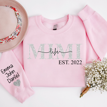 Glitter Mimi Life Est Sweatshirt, Custom Name And Grandkids Sweatshirt