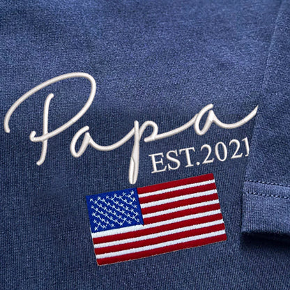 Custom Embroidered Papa Est Flag Father's Day T-Shirt