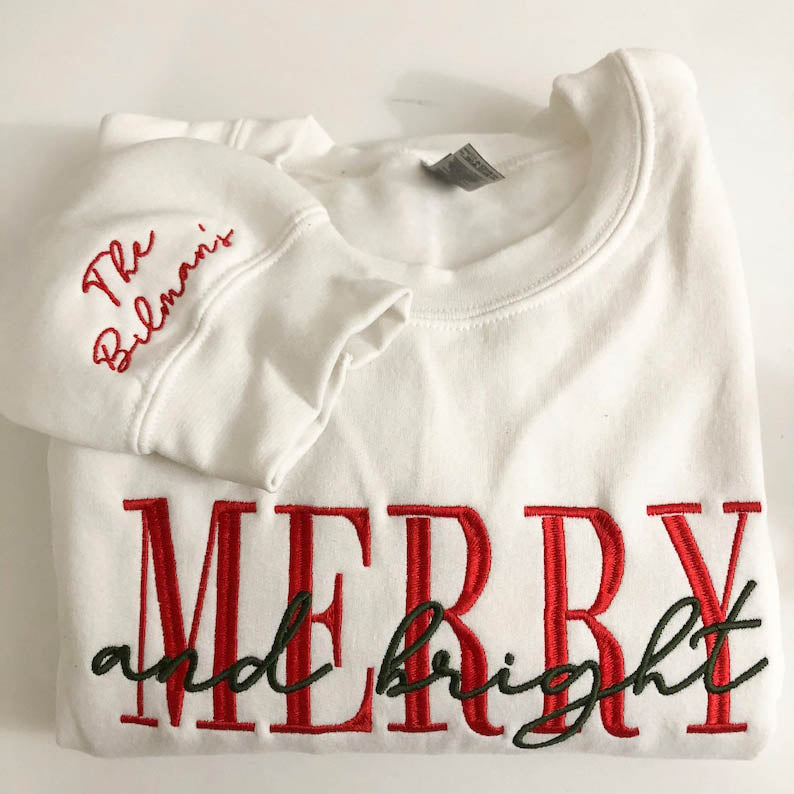 Embroidered merry and bright crewneck cozy sweatshirt