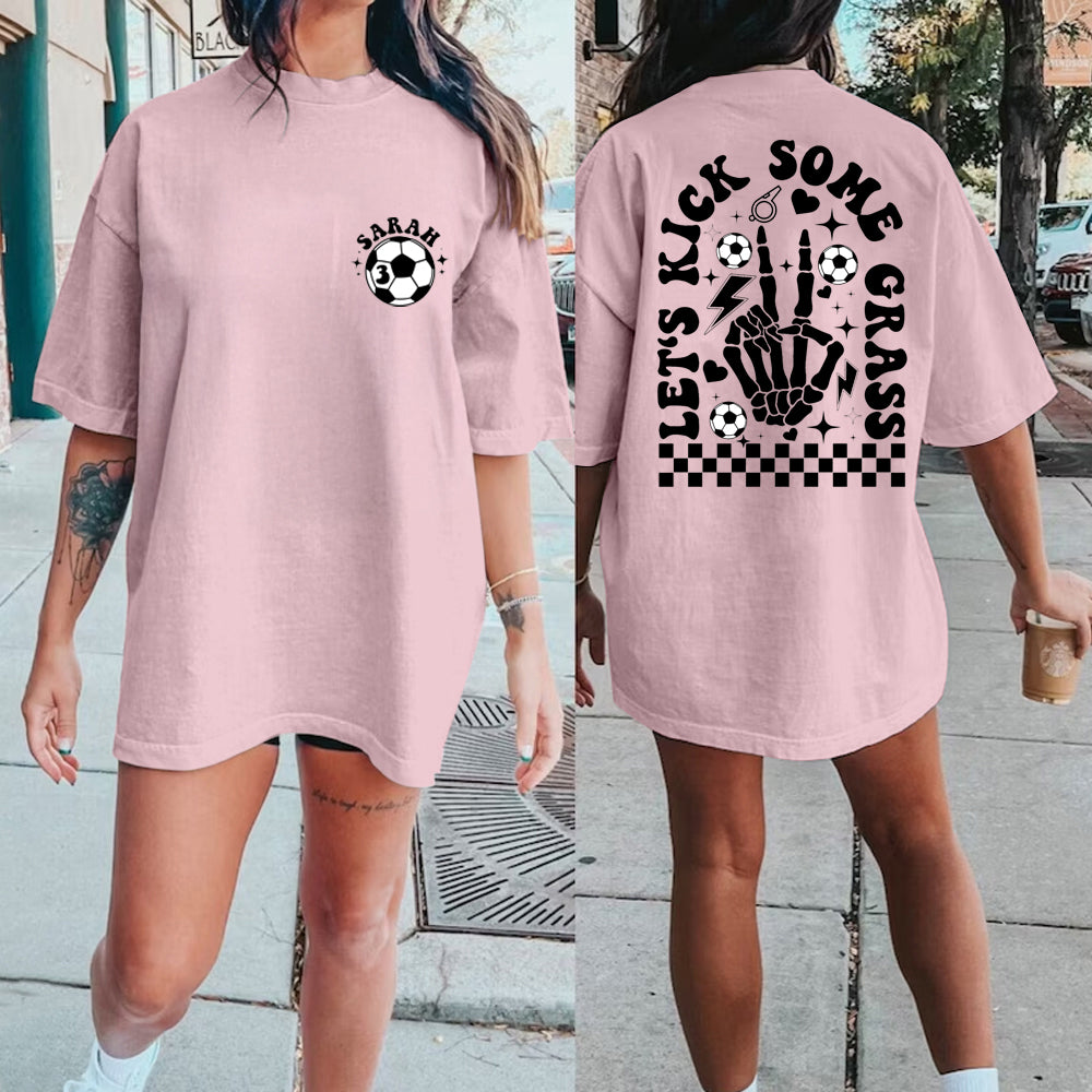 Custom Soccer Mom Shirt, Game Day Soccer Shirt for Mom, Personalized Soccer Grandma Lets Go Kick Some Gras Sweatshirt