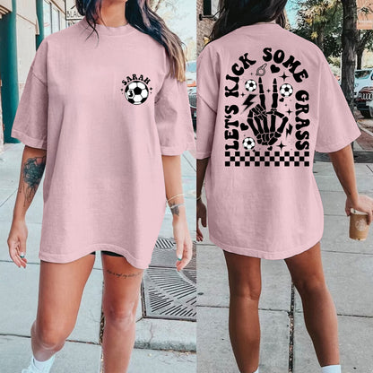 Custom Soccer Mom Shirt, Game Day Soccer Shirt for Mom, Personalized Soccer Grandma Lets Go Kick Some Gras Sweatshirt