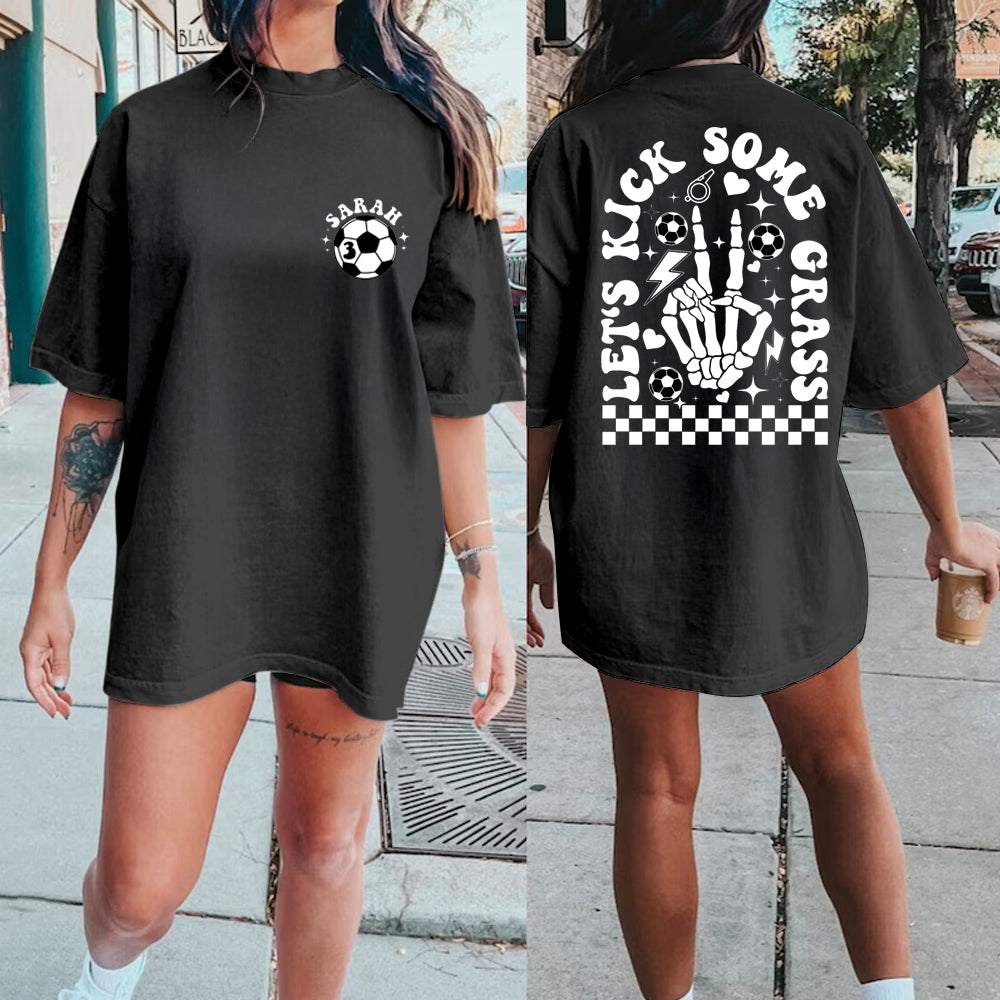 Custom Soccer Mom Shirt, Game Day Soccer Shirt for Mom, Personalized Soccer Grandma Lets Go Kick Some Gras Sweatshirt