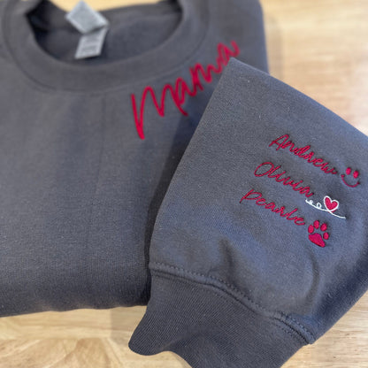 Custom Embroidered Mama Sweatshirt with Kids Name on Sleeve