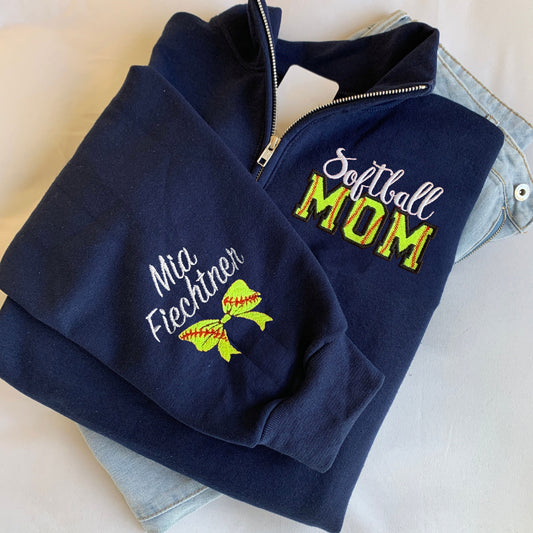 Custom Embroidered Softball Mom Sweatshirt with Kid Name on sleeve Personalized Softball MOM Shirt