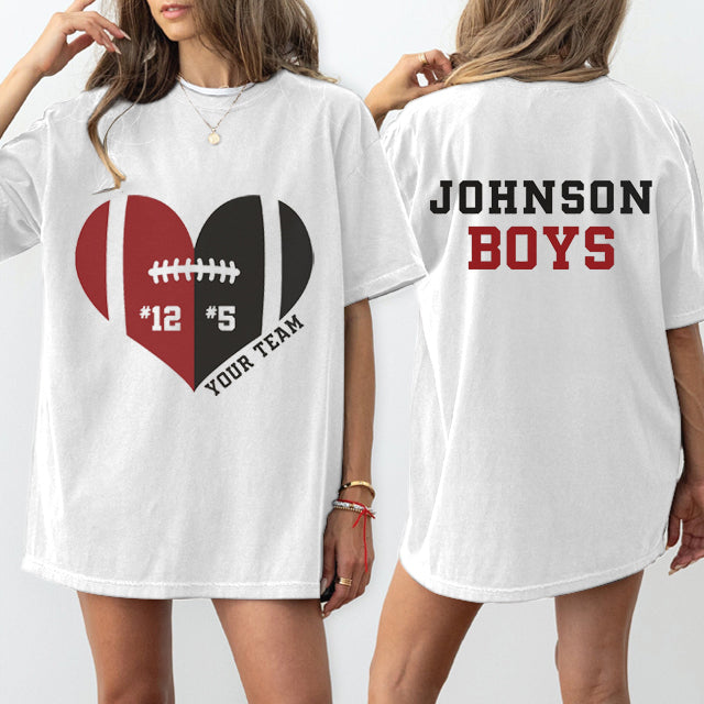 Custom Football Mom Shirt, 2 Players Football Sweatshirt，Game Day Football Hoodie, Heart Football Shirts