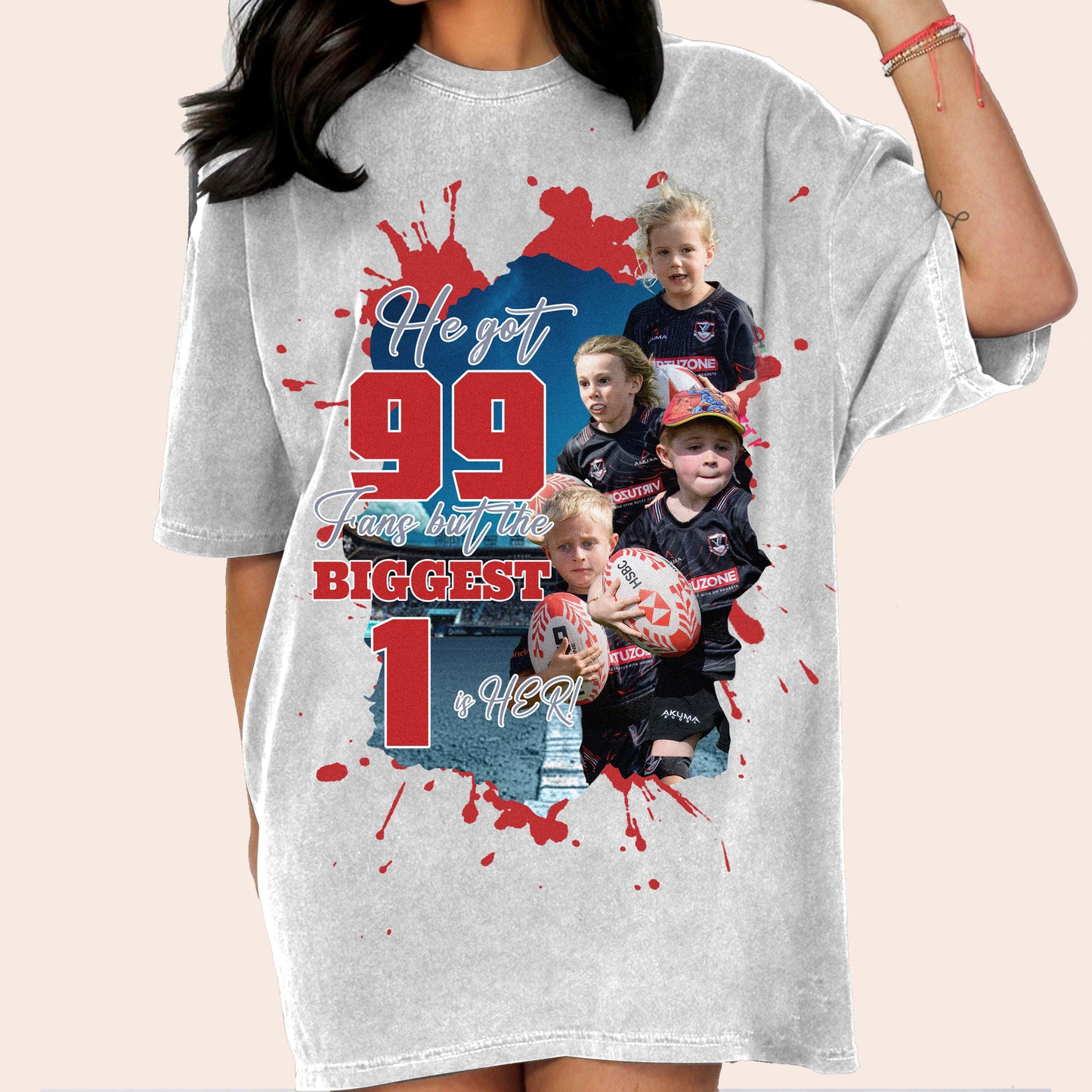 He got 99 fans but the biggest one is HER!Custom Baseball/Football/Softball/Soccer/photo shirt