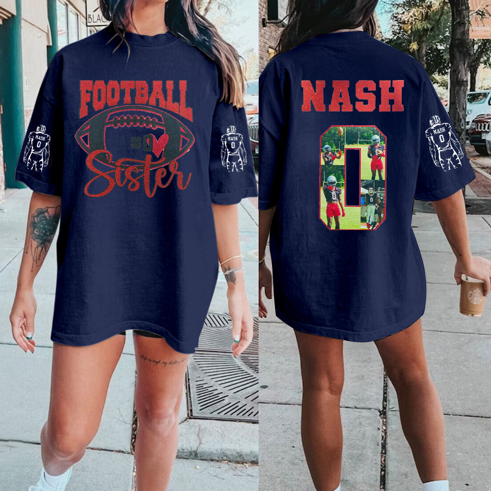 Custom Football Sister Pohto Shirt | School Spirit Tee | Glitter Vinyl Shirt | Football Mom Shirt