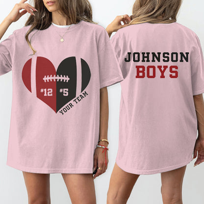 Custom Football Mom Shirt, 2 Players Football Sweatshirt，Game Day Football Hoodie, Heart Football Shirts