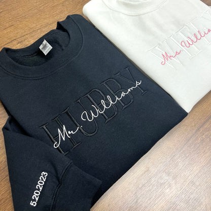 Custom Mrs. Embroidered Sweatshirt, Date On Sleeve, Hubby Wifey Shirt