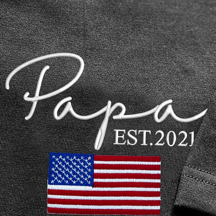 Custom Embroidered Papa Est Flag Father's Day T-Shirt