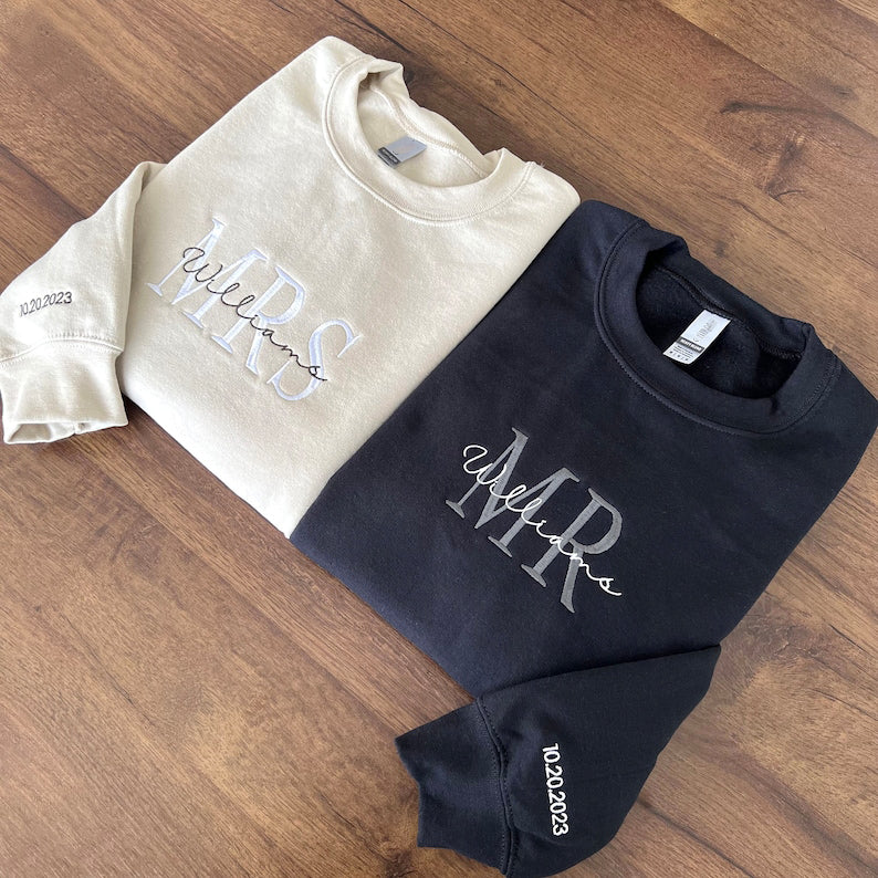 Custom Mrs. Embroidered Sweatshirt, Date On Sleeve