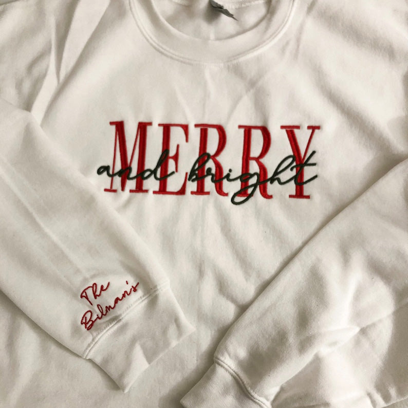 Embroidered merry and bright crewneck cozy sweatshirt