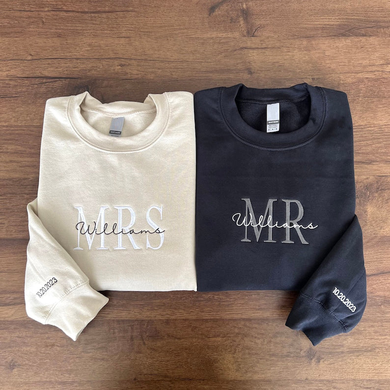 Custom Mrs. Embroidered Sweatshirt, Date On Sleeve