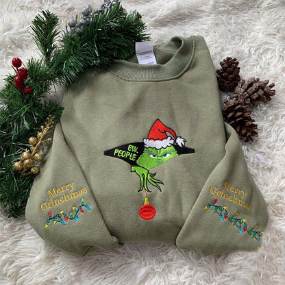 Green Monster Ew People Embroidered Sweaters, Christmas Embroidered Sweatshirt